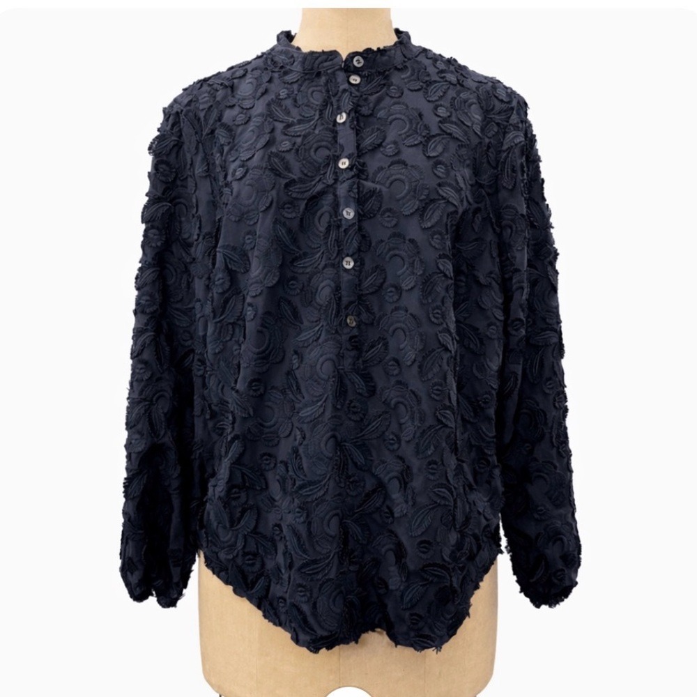Boden Women's Long Sleeve Navy Textured Button Up Blouse US 12 Artsy Boho Chic